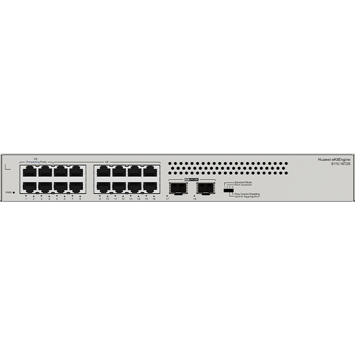 Huawei S110-16T2S Unmanaged Gigabit Ethernet Switch – 16×10/100/1000BASE-T Ports, 2×GE SFP Uplinks, Fanless, Built-in AC Power